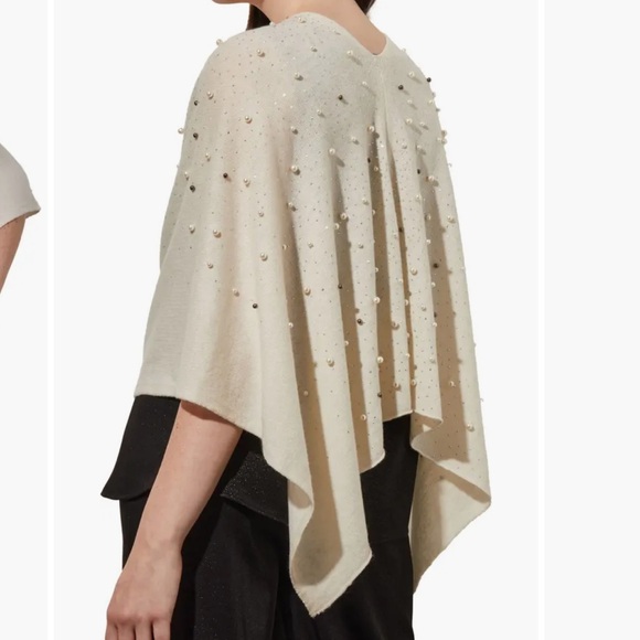 Ming Wang Faux Pearl Embellished Cashmere Wool Blend Boat Neck Poncho - Picture 3 of 13